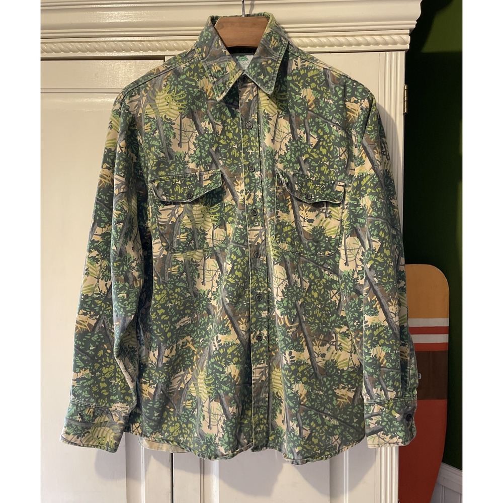 Vintage Bushlan Canvas Camo Shirt Men L Long Sleeve Button Down Hunting Outdoor
